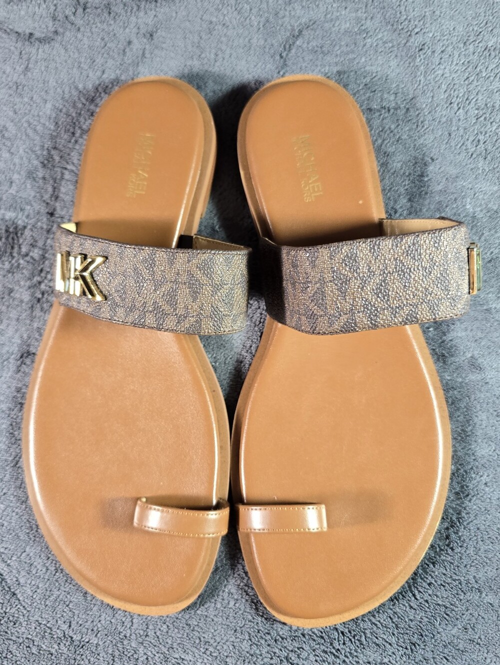 MICHAEL KORS Brown Leather Slide Sandals with Monogram Strap